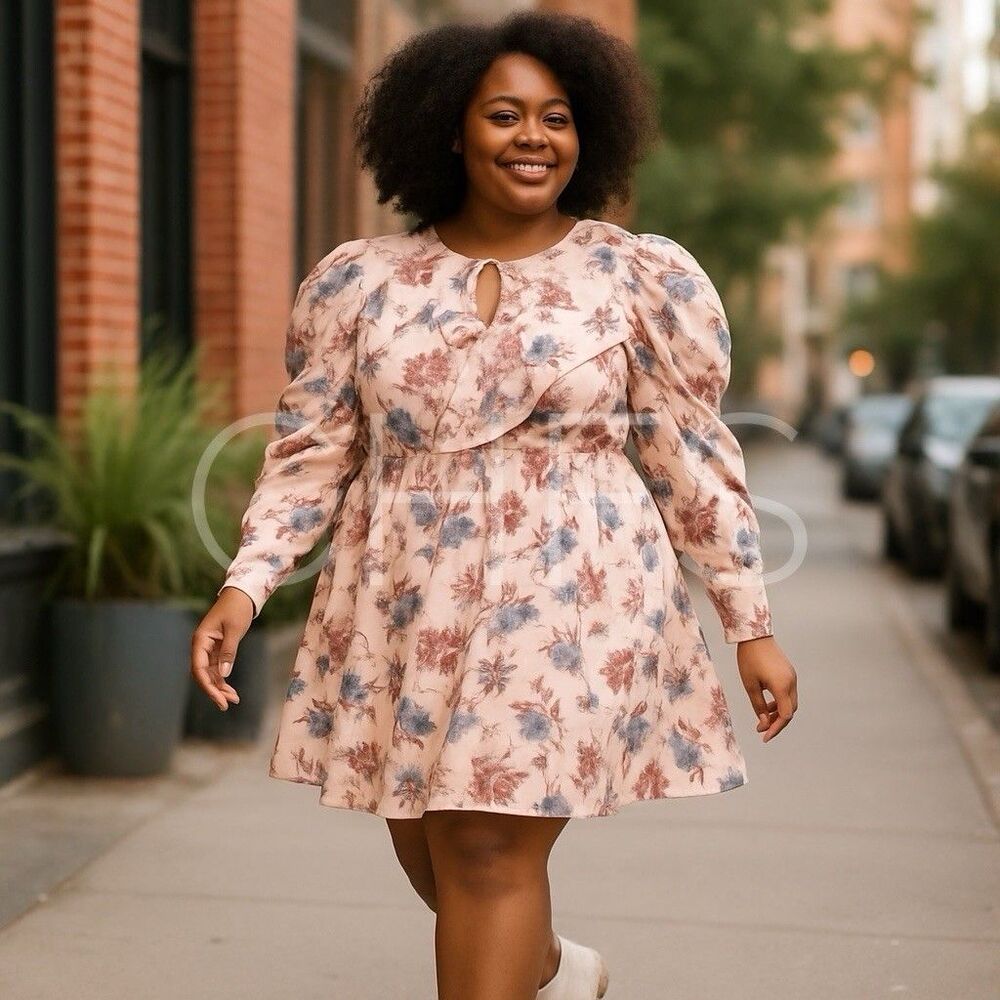 NWT ELOQUII Elements Women's Plus Size Floral Print Puff Sleeve Dress Pink Sz 24